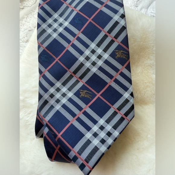 Burberry Navy and Gray Checkered Tie with Equestrian Knights in gold and blue - Picture 1 of 8